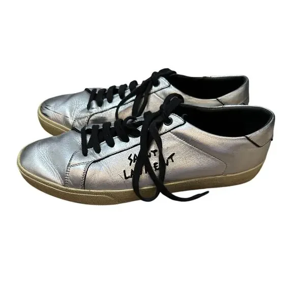 Saint Laurent Silver Sneakers Embroidered Size 43 Mens 10 **flaw**